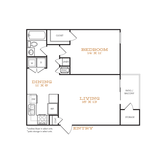 One-bedroom apartment floorplan with dining, living, patio, and washer/dryer