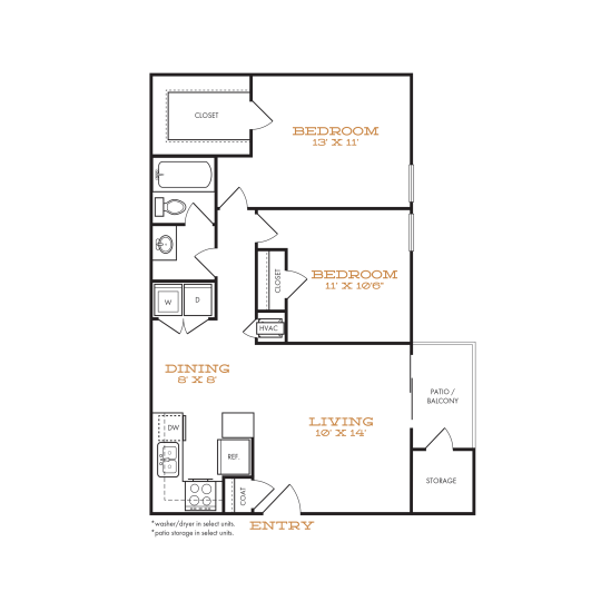 Two-bedroom apartment with dining, living, patio, and washer/dryer